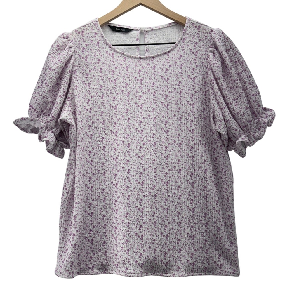 Floral‎ Puff Sleeve Blouse Womens Small Purple Ruffle Boho Cottagecore Top